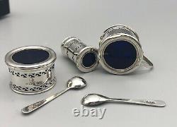1951 English Sterling Silver Suckling Salt Pepper Condiment Blue Glass Set & Box