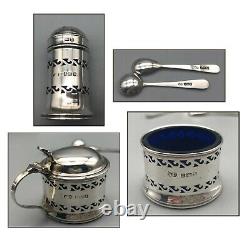 1951 English Sterling Silver Suckling Salt Pepper Condiment Blue Glass Set & Box