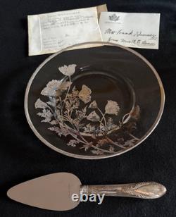 1956 SilverCity Glass Plate with Sterling Silver Flanders Flowers Overlay+Server