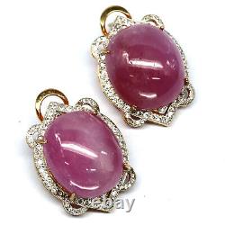 19 X 22 MM. Oval Cabochon Pink Heated Ruby & White Zircon Earrings 925 Silver