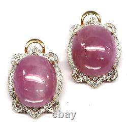 19 X 22 MM. Oval Cabochon Pink Heated Ruby & White Zircon Earrings 925 Silver
