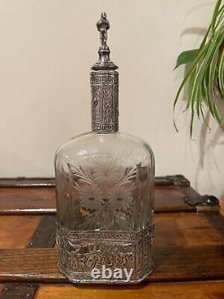 19th Century Etched Glass and Sterling Silver Decanter