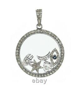 1.09 TCW Natural Diamond Glass Shaker w Charms Pendant in 925 Sterling Silver