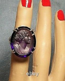 1 Victorian Amethyst Glass Cameo Ring, Large Faceted Cameo in Sterling Ring Sz 7