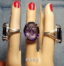 1 Victorian Amethyst Glass Cameo Ring, Large Faceted Cameo in Sterling Ring Sz 7