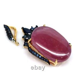 20 X 32 MM. Red Heated Ruby & Blue Sapphire Pendant 925 Sterling Silver
