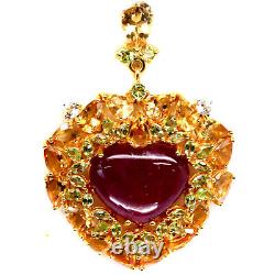 21 X 25 MM. Heart Cabochon Red Heated Ruby, Citrine & Peridot Pendant 925 Silver