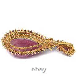 21 X 35 MM. Pink With Red Heated Ruby & White Zircon Brooch 925 Sterling Silver