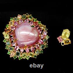 25X26MM. Cloudy Pink Heated Ruby Sapphire Tourmaline Diopside Brooch 925 Silver