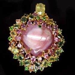 25X26MM. Cloudy Pink Heated Ruby Sapphire Tourmaline Diopside Brooch 925 Silver