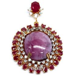 25 X 32 MM. Pink With Red Heated Ruby & White Zircon Pendant 925 Sterling Silver