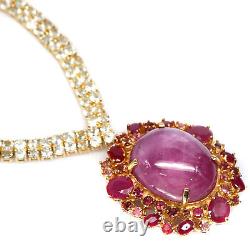 26 X 36 MM. Pink Ruby-Tourmaline Pendant With White Topaz Necklace 925 Silver