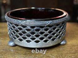2.75x1.25 Antique Sterling Silver & Ruby Glass Footed Master Salt Cellar