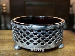 2.75x1.25 Antique Sterling Silver & Ruby Glass Footed Master Salt Cellar