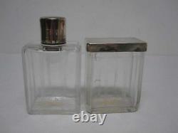 2 ANTIQUE FRENCH GLASS VANITY JAR & BOTTLE with STERLING SILVER TOPS