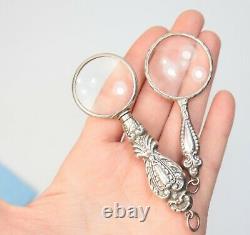 2 Antique Sterling Silver Chatelaine Miniature Magnifying Glasses