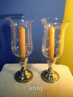2 Sterling Silver Vines Etched Glass Shades Candle Holder Hurricane Lamps& Vase