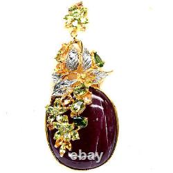 31X38MM. Red Heated Ruby, Peridot, Chrome Diopside & Sapphire Pendant 925 Silver