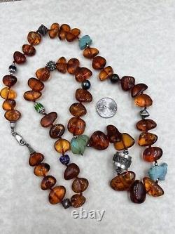 32 Baltic Amber, Turquoise, Glass Sterling Silver Unique Necklace 76g Unique