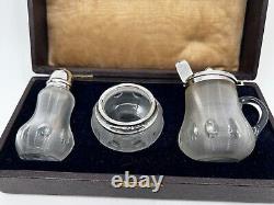 3 Piece sterling silver and ribbed glass condiment set