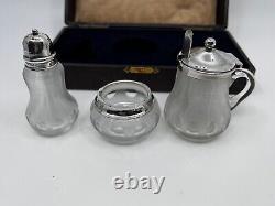3 Piece sterling silver and ribbed glass condiment set