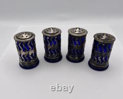 4 Vintage Sterling Silver, Cobalt Blue Glass Salt & Pepper Spice Shakers