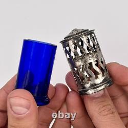 4 Vintage Sterling Silver, Cobalt Blue Glass Salt & Pepper Spice Shakers