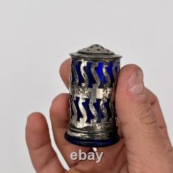 4 Vintage Sterling Silver, Cobalt Blue Glass Salt & Pepper Spice Shakers