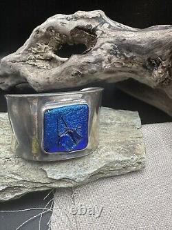 56.9 Gram Sterling Silver Cuff With Dichroic Glass 6.5