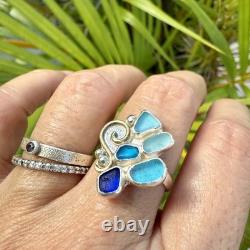 5 Blue Genuine Caribbean Sea Glass Sterling Silver Ring Size 8