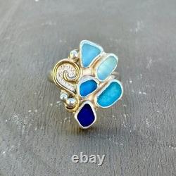 5 Blue Genuine Caribbean Sea Glass Sterling Silver Ring Size 8