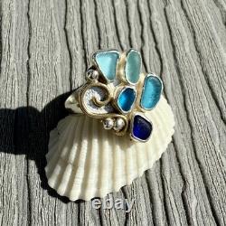 5 Blue Genuine Caribbean Sea Glass Sterling Silver Ring Size 8