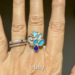 5 Blue Genuine Caribbean Sea Glass Sterling Silver Ring Size 8