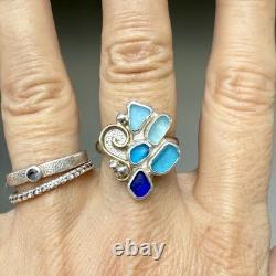 5 Blue Genuine Caribbean Sea Glass Sterling Silver Ring Size 8