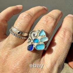 5 Blue Genuine Caribbean Sea Glass Sterling Silver Ring Size 8