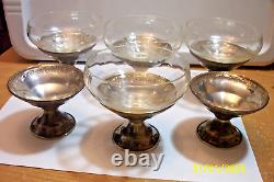 6 Antique Sherbet Dish Floral Etched Glass Screw on Sterling Silver Base