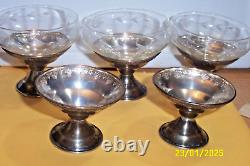 6 Antique Sherbet Dish Floral Etched Glass Screw on Sterling Silver Base