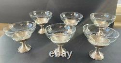 6 Sterling Silver Sherbet Dessert Dishes Blown Glass Inserts Signed Vtg Antique