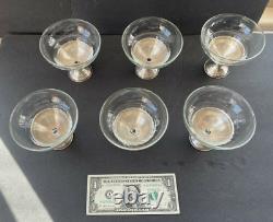 6 Sterling Silver Sherbet Dessert Dishes Blown Glass Inserts Signed Vtg Antique