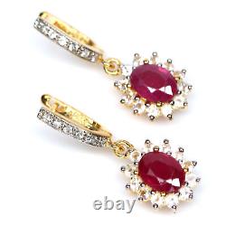 6 X 8 MM. Red Heated-Ruby & Cambodia-Zircon Earrings 925 Sterling Silver