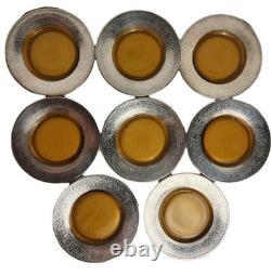 8 Antique Art Deco Depasse Pearsall Sterling Silver Overlay Amber Glass Plates