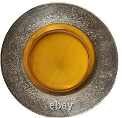 8 Antique Art Deco Depasse Pearsall Sterling Silver Overlay Amber Glass Plates