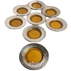 8 Antique Art Deco Depasse Pearsall Sterling Silver Overlay Amber Glass Plates