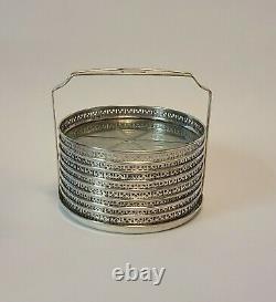 8 Antique Webster Glass & Pierced Sterling Silver Glass Coaster With Caddy