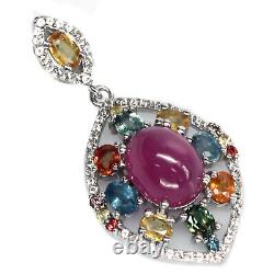 8 X 10 MM. Red Heated-Ruby Sapphire & Cubic-Zirconia Pendant 925 Sterling Silver