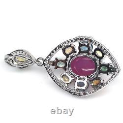 8 X 10 MM. Red Heated-Ruby Sapphire & Cubic-Zirconia Pendant 925 Sterling Silver