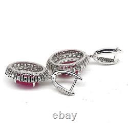 8 X 11 MM. Oval Red Heated Ruby & Simulated Cz Drop Earrings 925 Sterling Silver