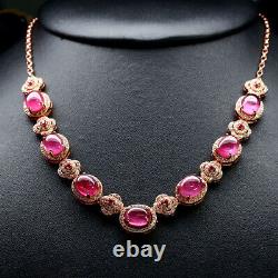 8 X 9 mm. CABOCHON RED RUBY & SIMULATED CZ NECKLACE 18 925 STERLING SILVER