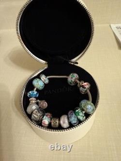 925 Sterling GENUINE PANDORA BRACELET w BOX & 16 MURANO & PERSONA Charms 52.8g