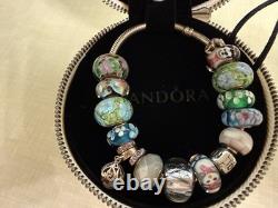 925 Sterling GENUINE PANDORA BRACELET w BOX & 16 MURANO & PERSONA Charms 52.8g